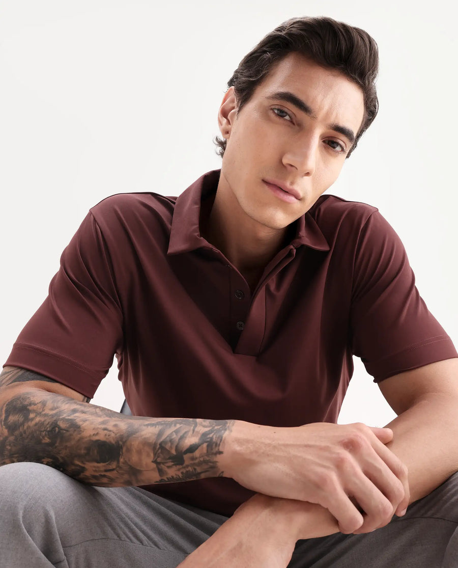 Rare Rabbit Men's Dort Dark Brown Nylon Blend Fabric Half Sleeve Spread Collar Plain Polo