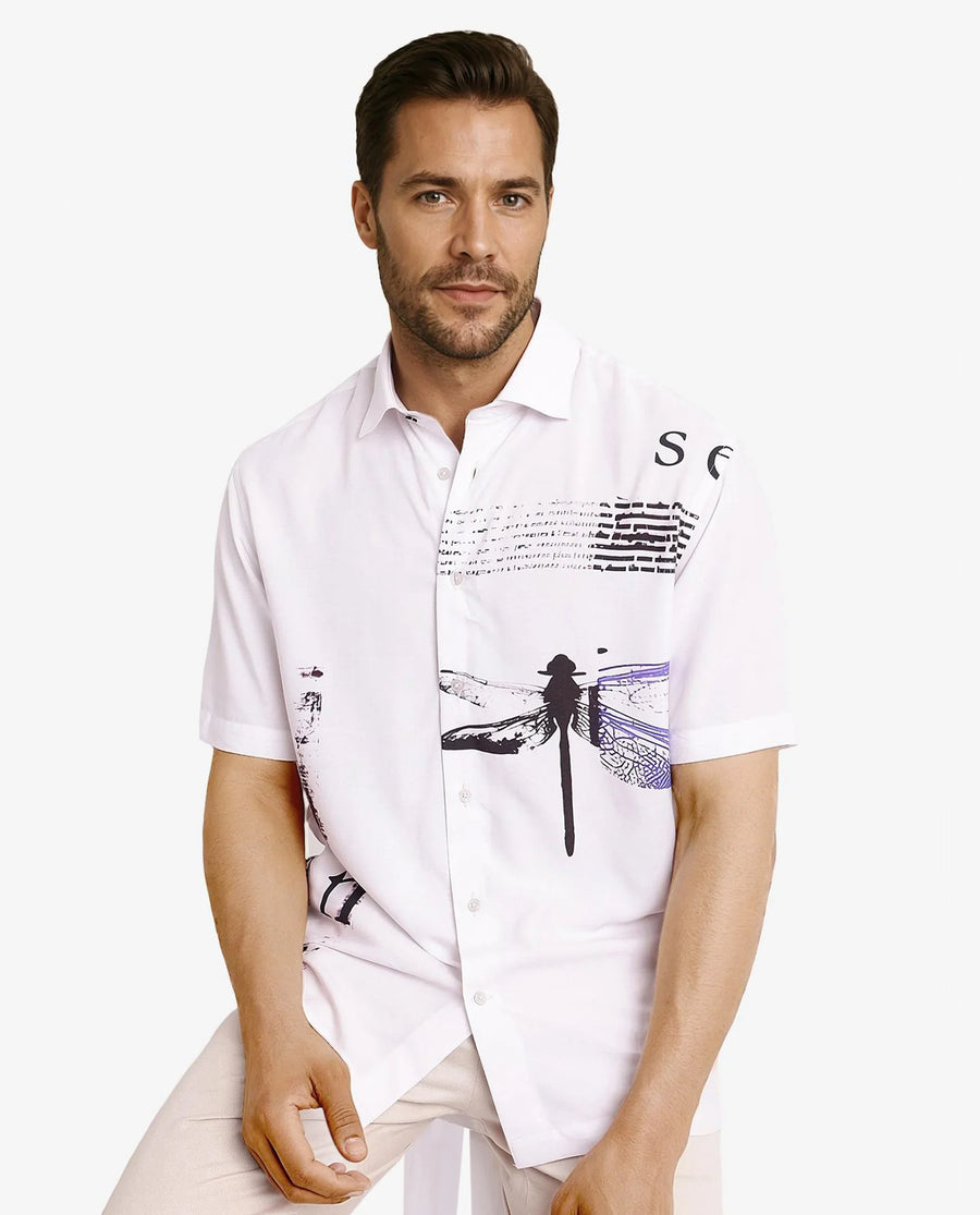 Rare Rabbit Men's Drago White Cotton Printed Boxy Fit Half Sleeve Collared Shirt