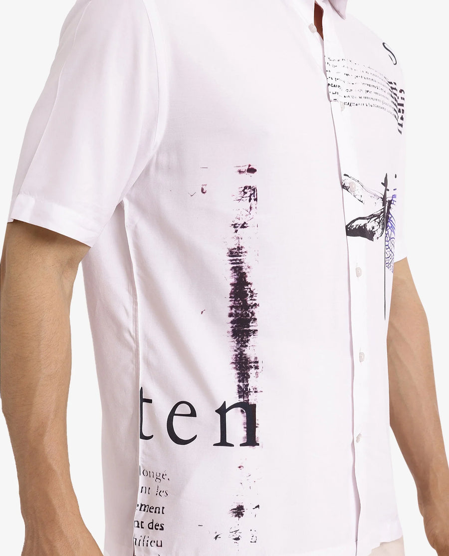 Rare Rabbit Men's Drago White Cotton Printed Boxy Fit Half Sleeve Collared Shirt