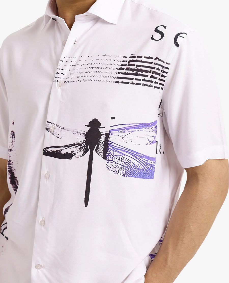 Rare Rabbit Men's Drago White Cotton Printed Boxy Fit Half Sleeve Collared Shirt