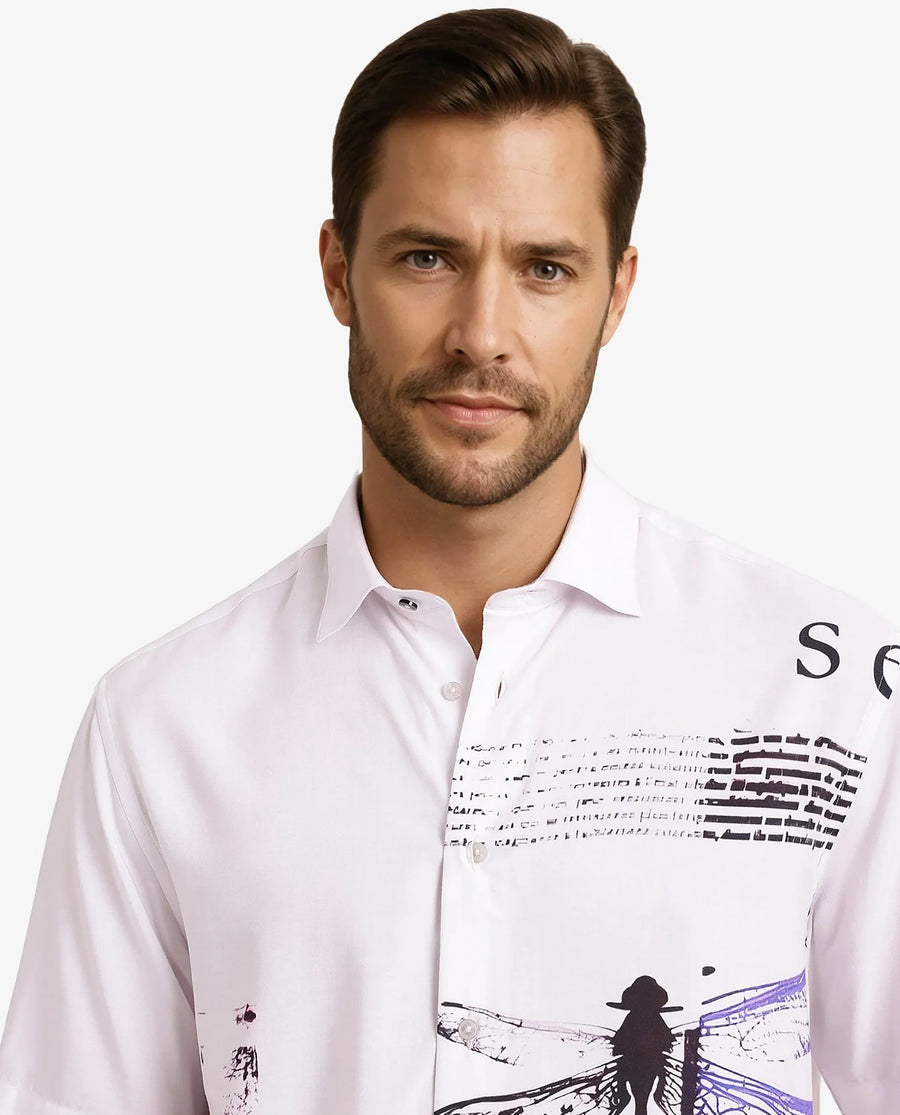 Rare Rabbit Men's Drago White Cotton Printed Boxy Fit Half Sleeve Collared Shirt