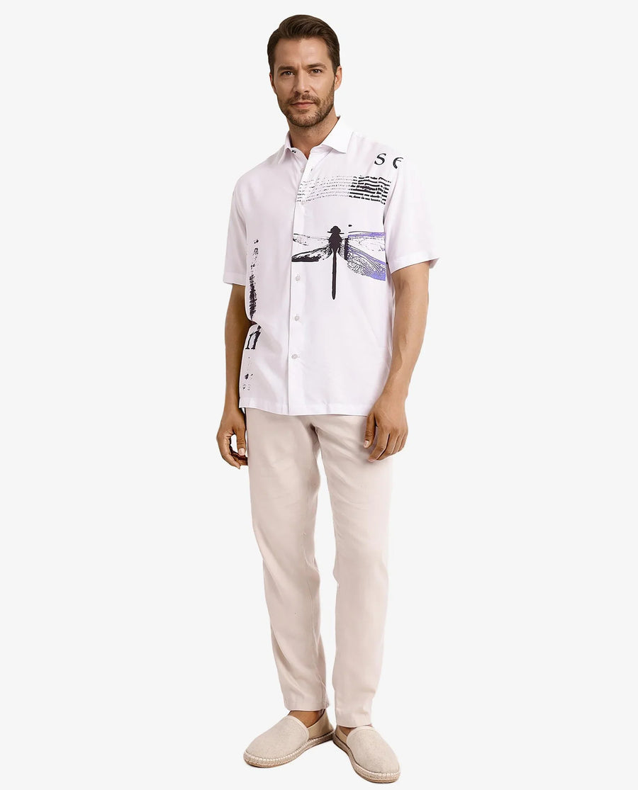 Rare Rabbit Men's Drago White Cotton Printed Boxy Fit Half Sleeve Collared Shirt