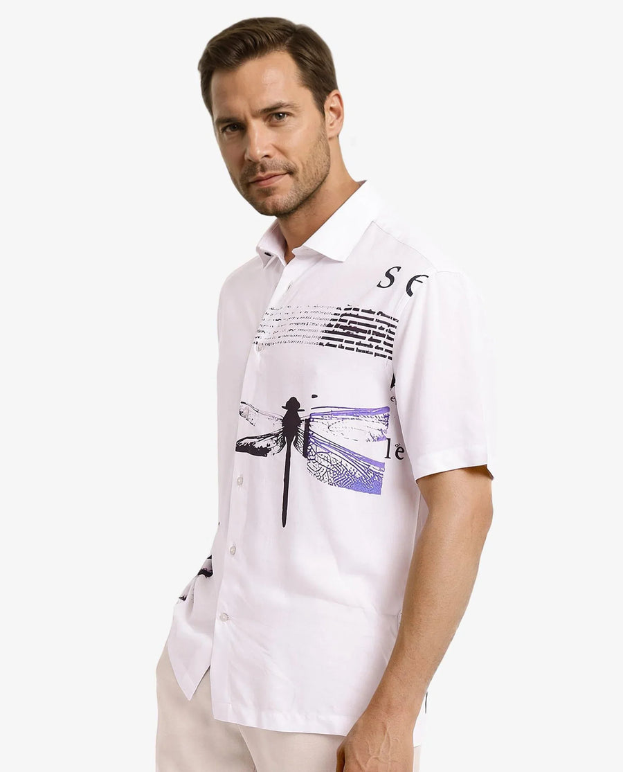 Rare Rabbit Men's Drago White Cotton Printed Boxy Fit Half Sleeve Collared Shirt
