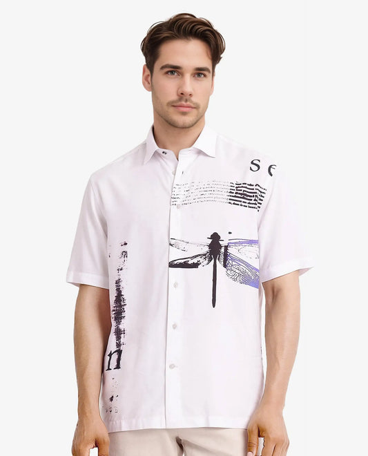 Rare Rabbit Men's Drago White Cotton Printed Boxy Fit Half Sleeve Collared Shirt