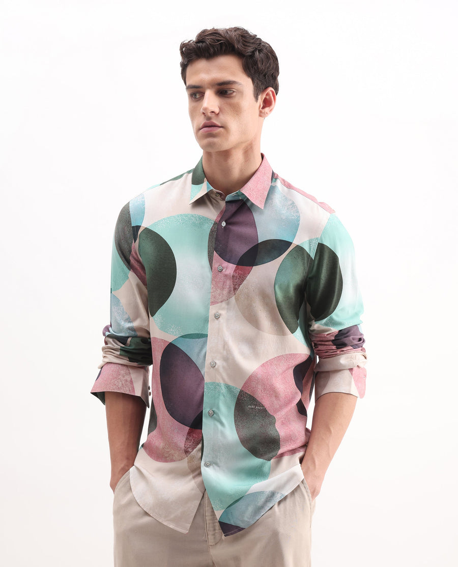 Rare Rabbit Men's Drent-25 Multi Viscose Polka Print Regular Fit Full Sleeve Collared Shirt