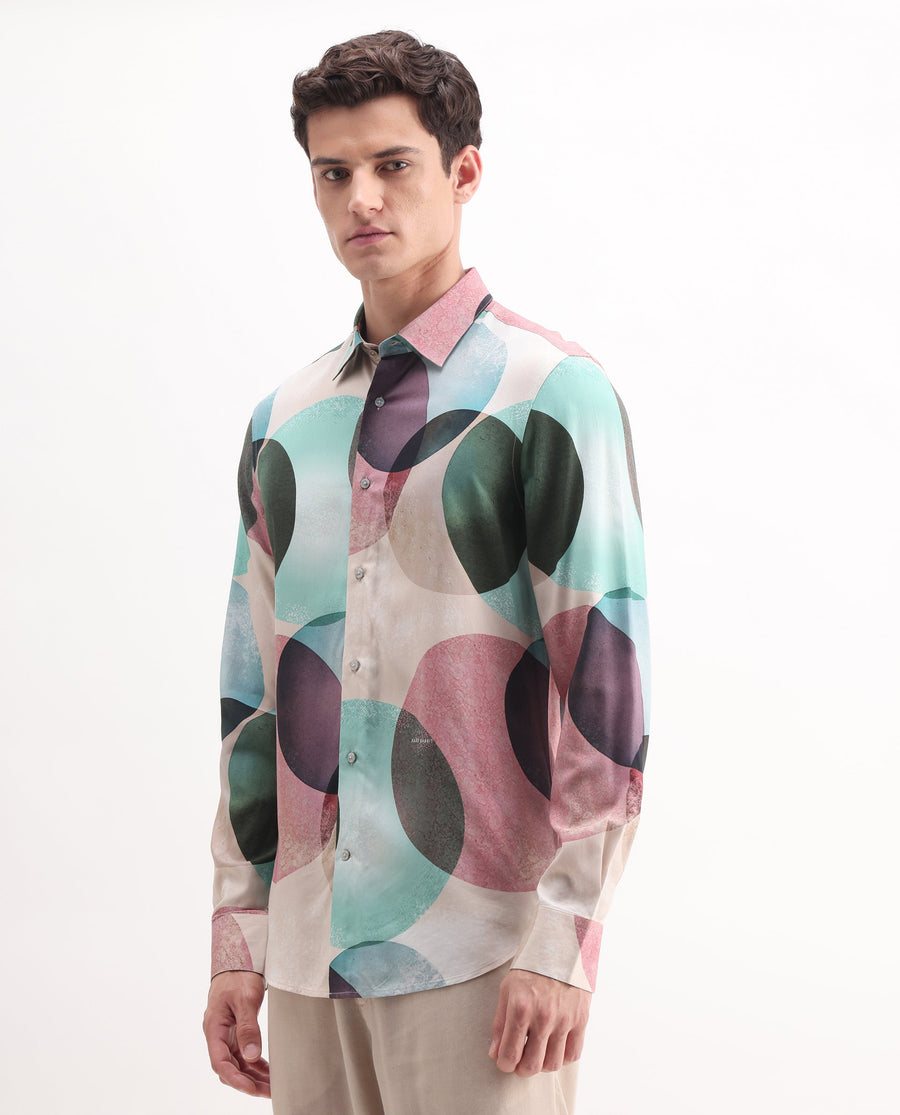 Rare Rabbit Men's Drent-25 Multi Viscose Polka Print Regular Fit Full Sleeve Collared Shirt