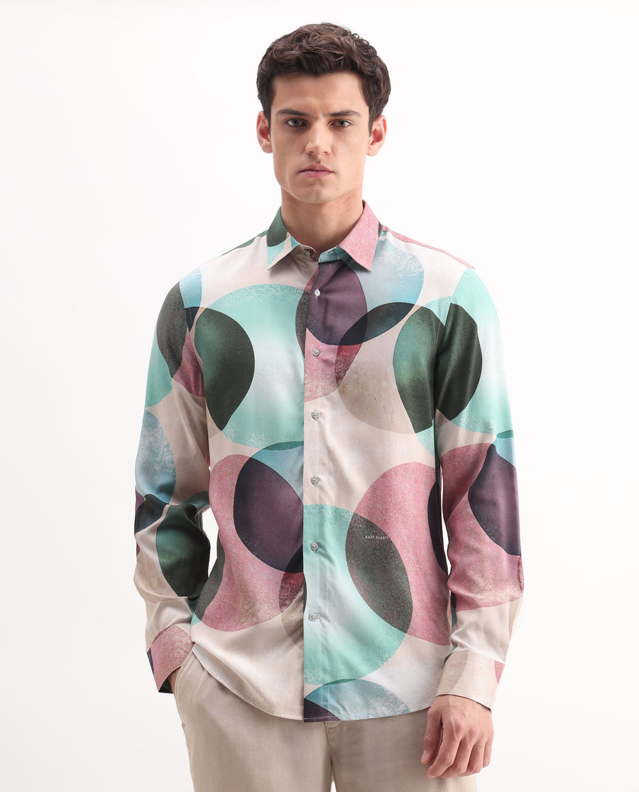 Rare Rabbit Men's Drent-25 Multi Viscose Polka Print Regular Fit Full Sleeve Collared Shirt