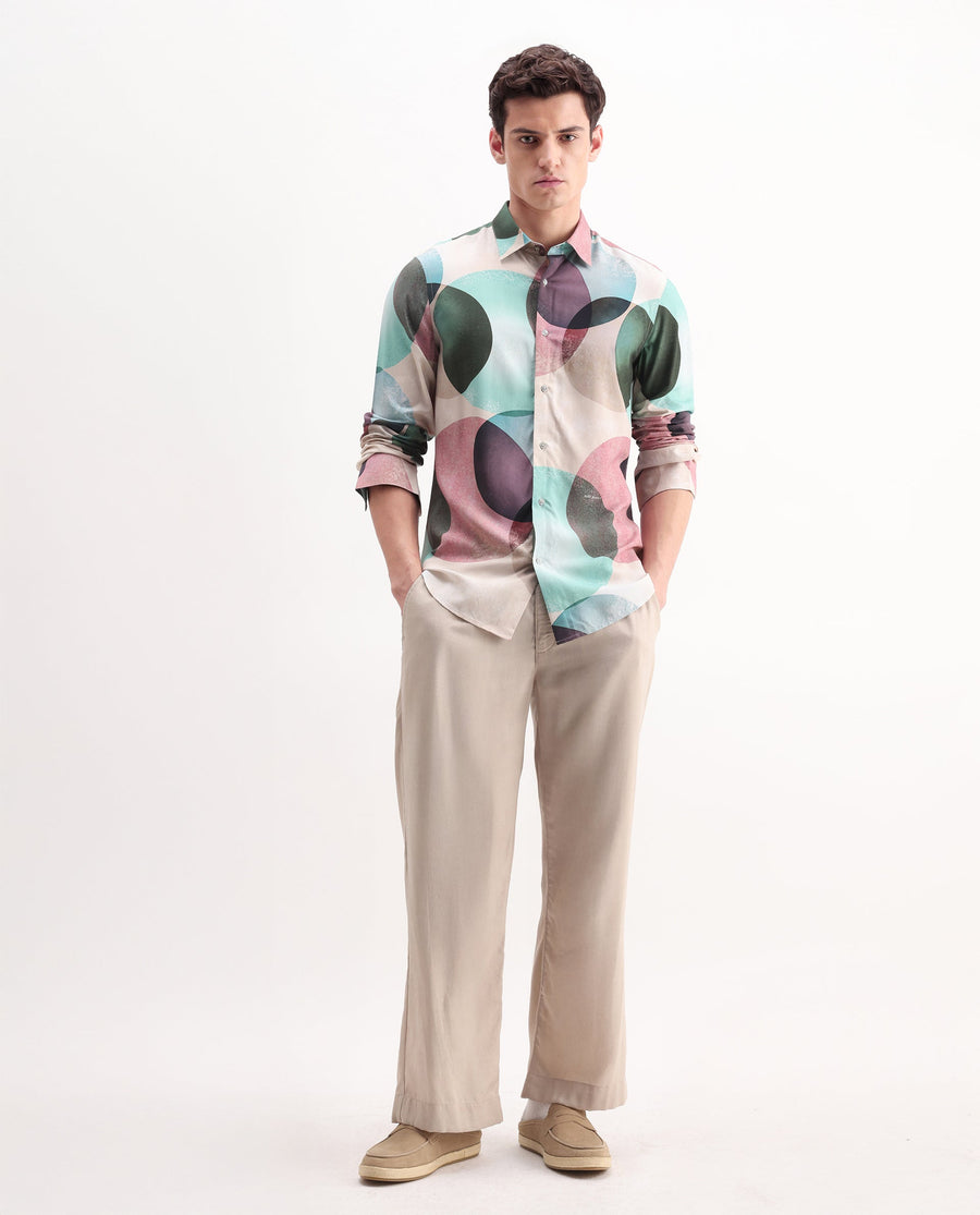 Rare Rabbit Men's Drent-25 Multi Viscose Polka Print Regular Fit Full Sleeve Collared Shirt