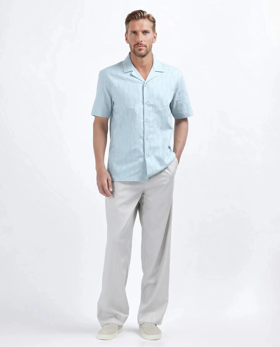 Rare Rabbit Men's Drew Light Blue Cotton Blend Textured Relaxed Fit Half Sleeve Cuban Collar Shirt