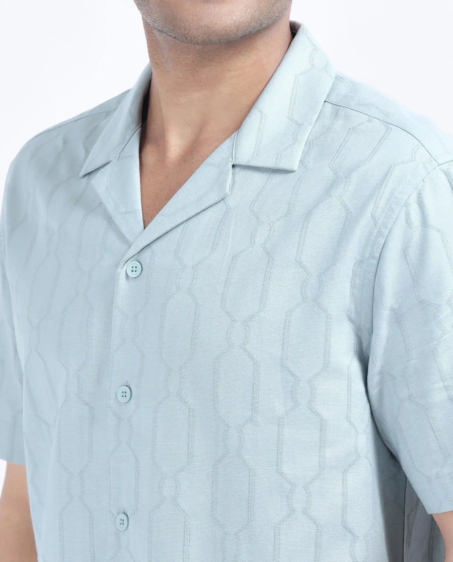 Rare Rabbit Men's Drew Light Blue Cotton Blend Textured Relaxed Fit Half Sleeve Cuban Collar Shirt