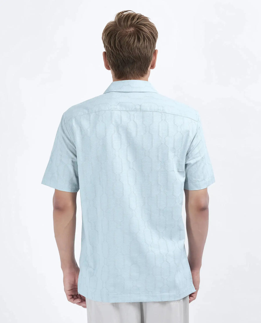 Rare Rabbit Men's Drew Light Blue Cotton Blend Textured Relaxed Fit Half Sleeve Cuban Collar Shirt