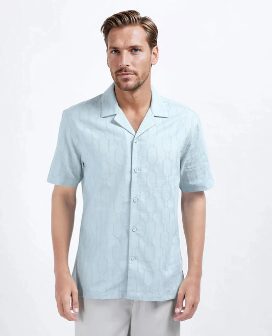 Rare Rabbit Men's Drew Light Blue Cotton Blend Textured Relaxed Fit Half Sleeve Cuban Collar Shirt