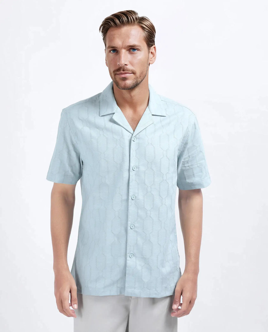 Rare Rabbit Men's Drew Light Blue Cotton Blend Textured Relaxed Fit Half Sleeve Cuban Collar Shirt