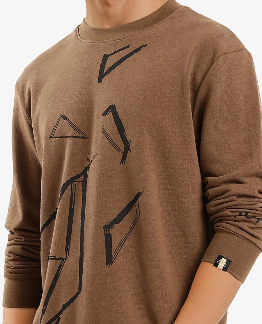 Rare Rabbit Men's Drewo Dusky Olive Cotton Graphic Print Regular Fit Full Sleeve Crew Neck Sweatshirt