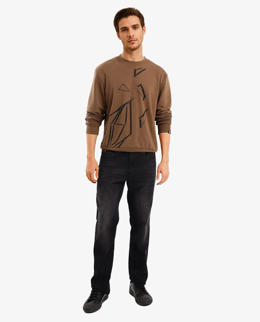 Rare Rabbit Men's Drewo Dusky Olive Cotton Graphic Print Regular Fit Full Sleeve Crew Neck Sweatshirt