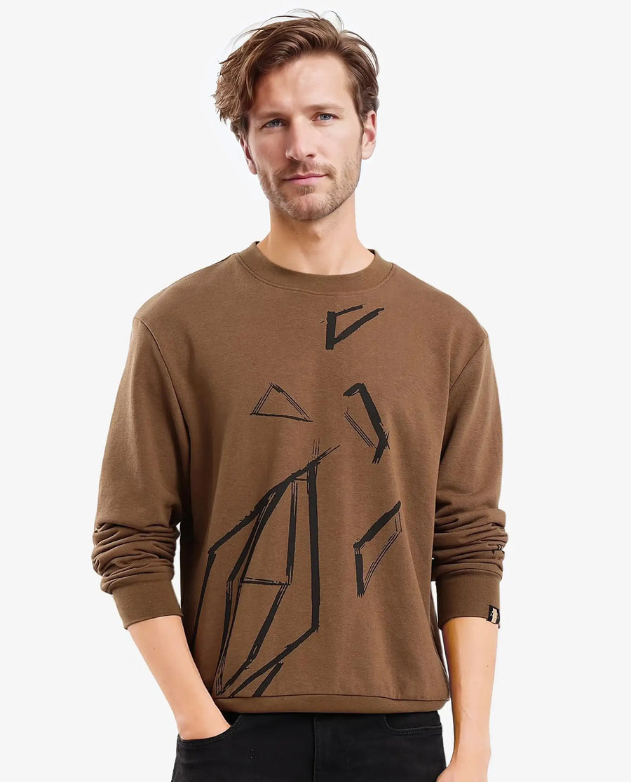 Rare Rabbit Men's Drewo Dusky Olive Cotton Graphic Print Regular Fit Full Sleeve Crew Neck Sweatshirt