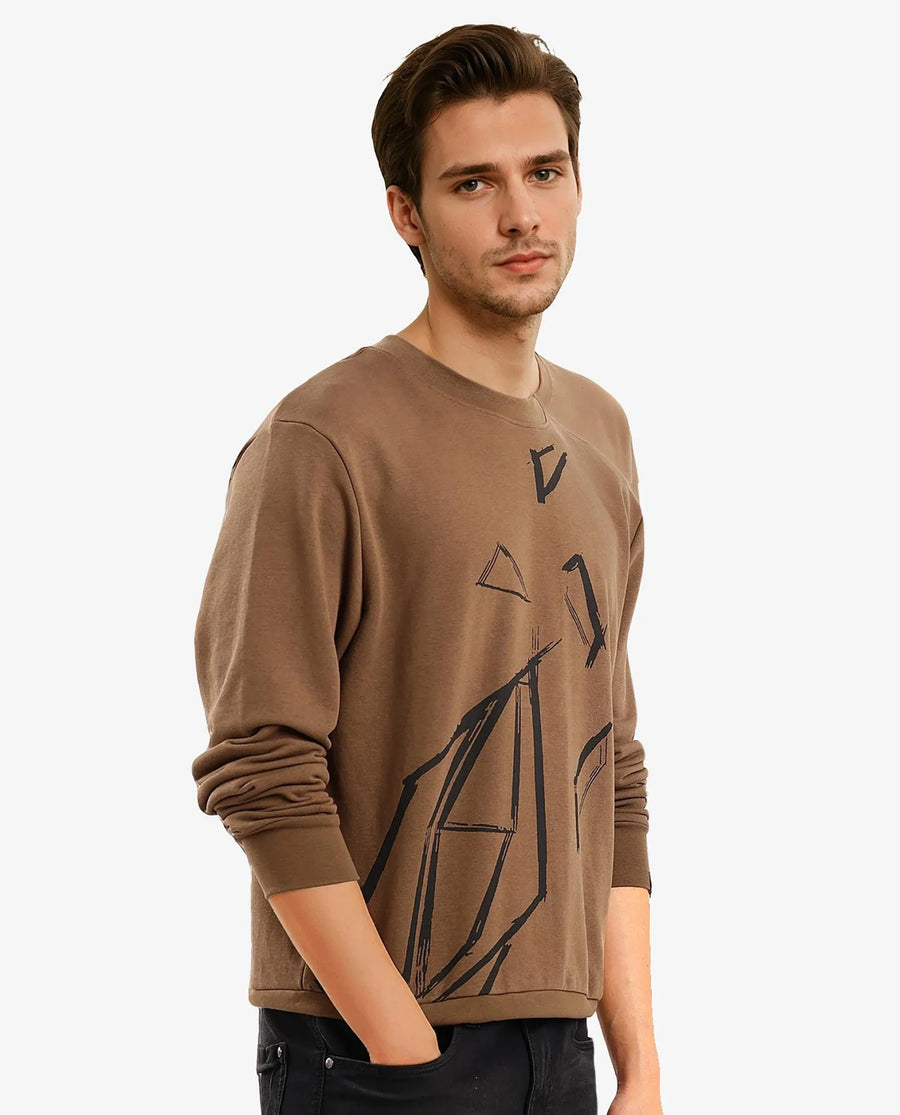 Rare Rabbit Men's Drewo Dusky Olive Cotton Graphic Print Regular Fit Full Sleeve Crew Neck Sweatshirt