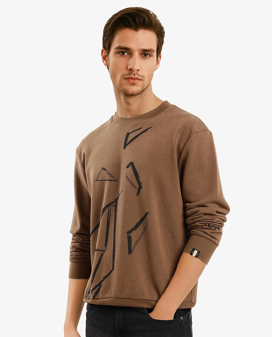 Rare Rabbit Men's Drewo Dusky Olive Cotton Graphic Print Regular Fit Full Sleeve Crew Neck Sweatshirt