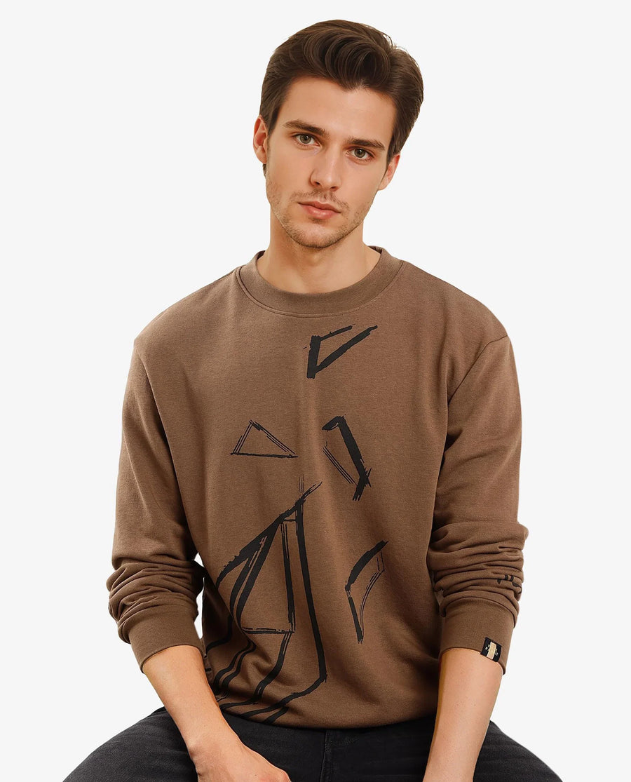 Rare Rabbit Men's Drewo Dusky Olive Cotton Graphic Print Regular Fit Full Sleeve Crew Neck Sweatshirt