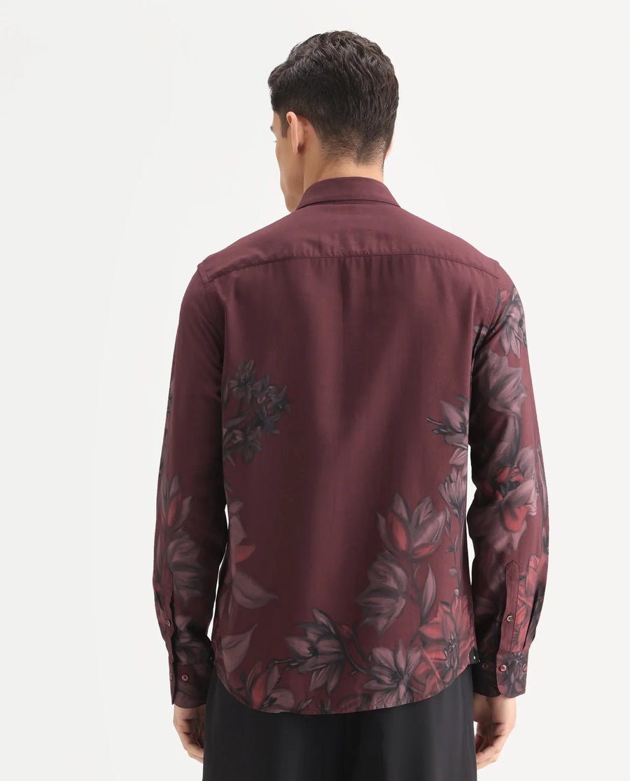 Rare Rabbit Men's Drix Red Viscose Fabric Spread Collar Regular Fit Floral Print Shirt