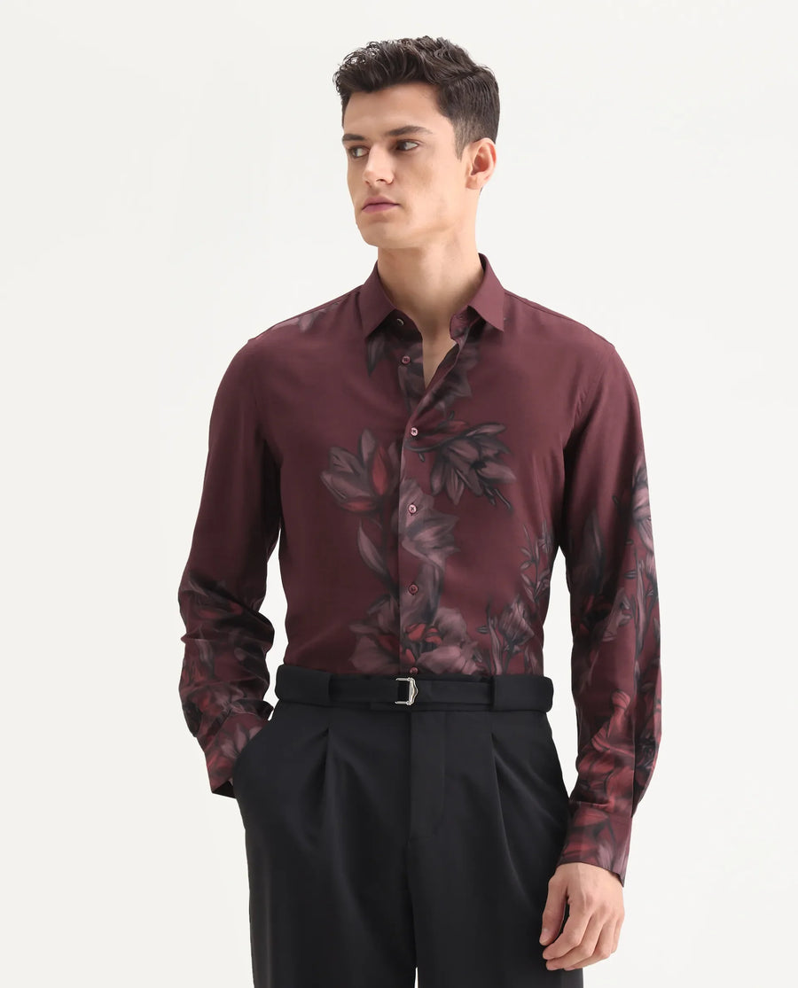 Rare Rabbit Men's Drix Red Viscose Fabric Spread Collar Regular Fit Floral Print Shirt
