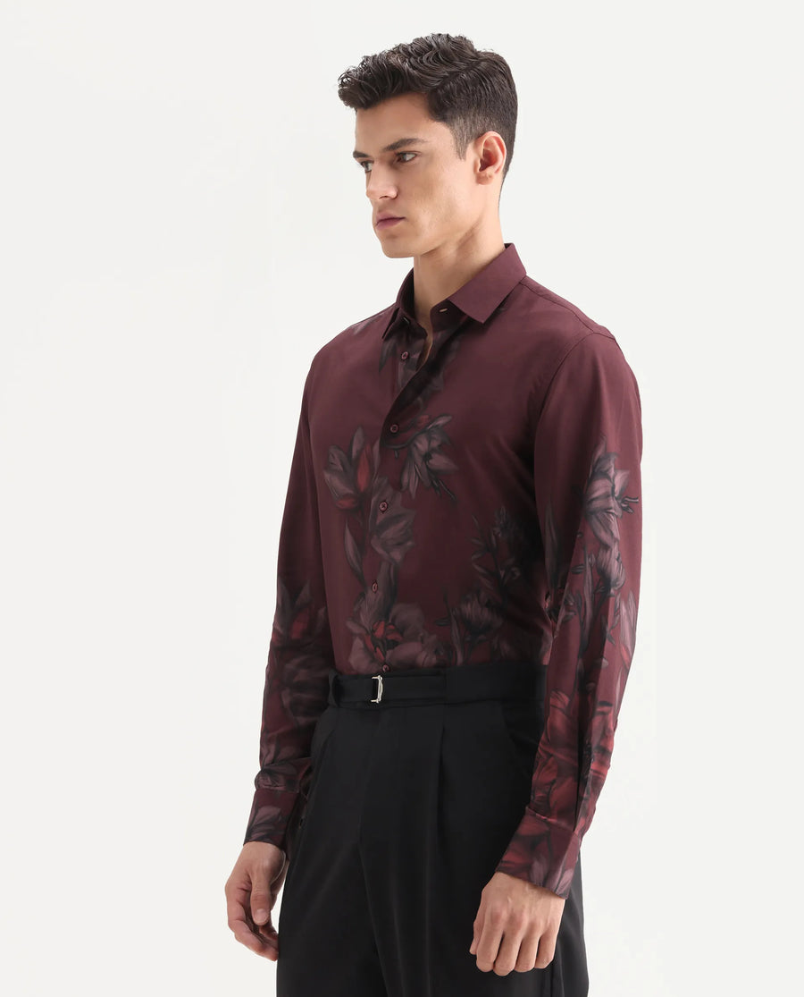 Rare Rabbit Men's Drix Red Viscose Fabric Spread Collar Regular Fit Floral Print Shirt