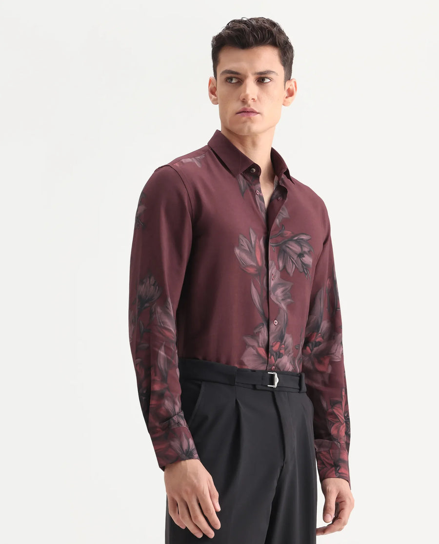 Rare Rabbit Men's Drix Red Viscose Fabric Spread Collar Regular Fit Floral Print Shirt
