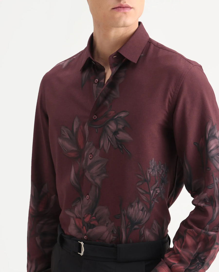 Rare Rabbit Men's Drix Red Viscose Fabric Spread Collar Regular Fit Floral Print Shirt