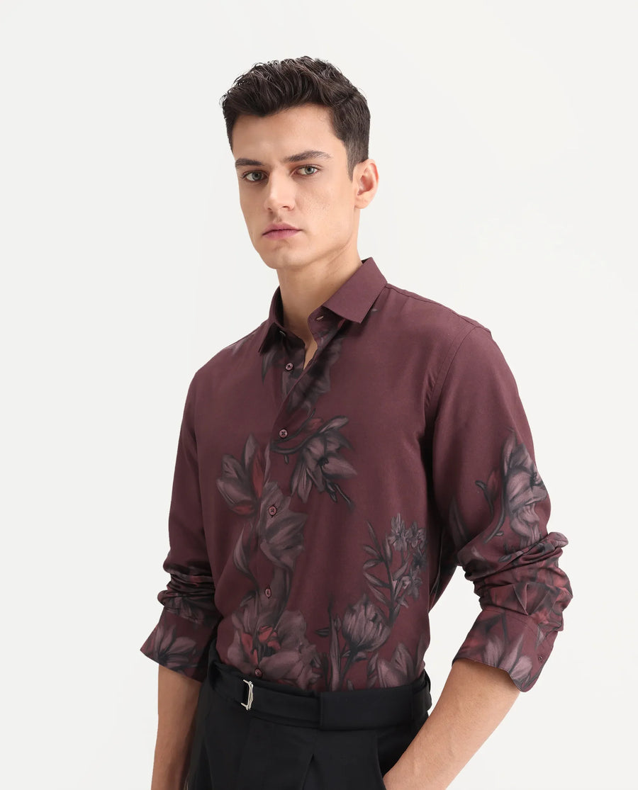 Rare Rabbit Men's Drix Red Viscose Fabric Spread Collar Regular Fit Floral Print Shirt