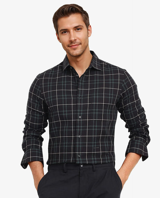 Rare Rabbit Men's Droline Black Cotton Checked Print Regular Fit Full Sleeve Collared Shirt