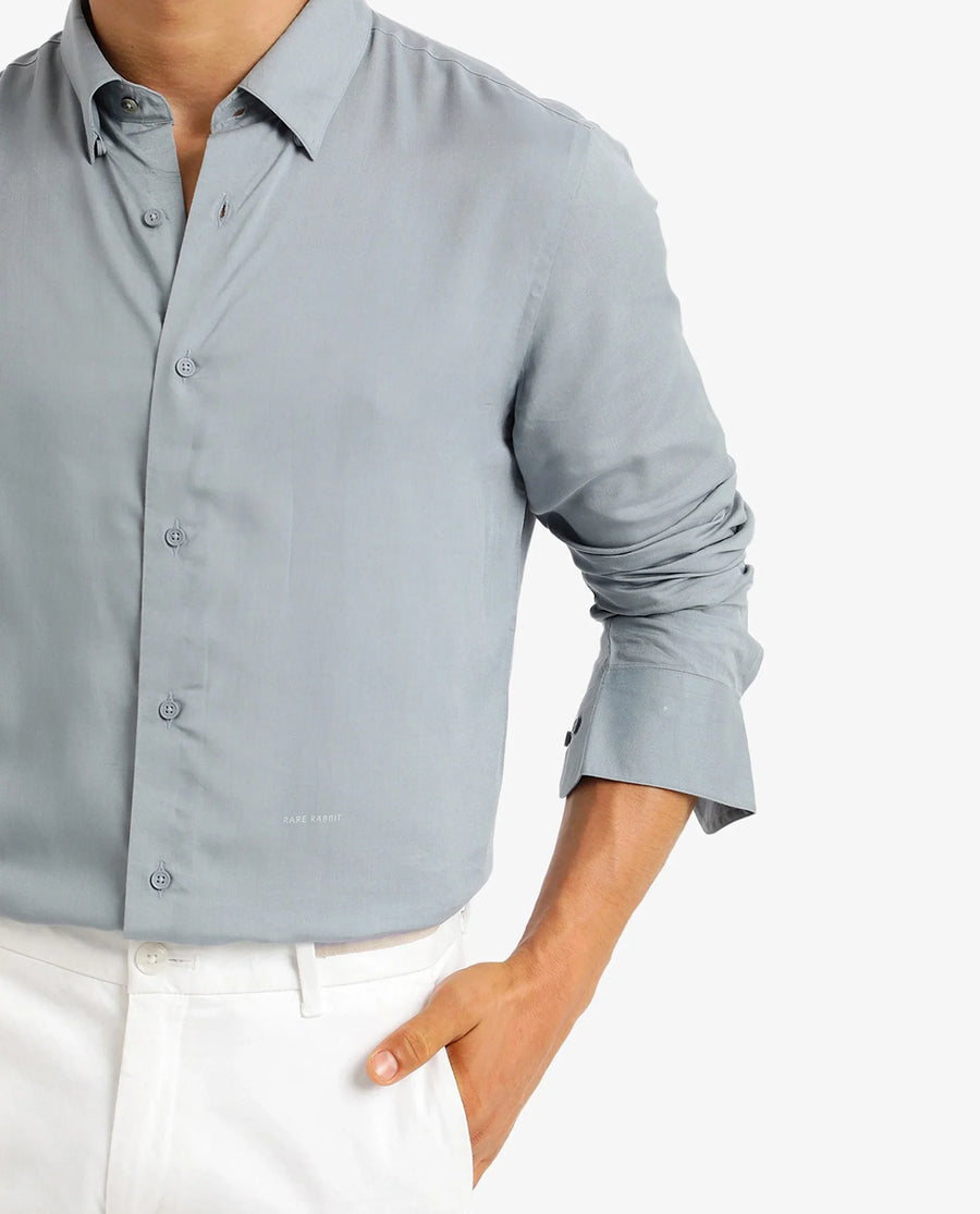 Rare Rabbit Men's Dub Dusky Blue Cotton Plain Regular Fit Full Sleeve Collared Shirt