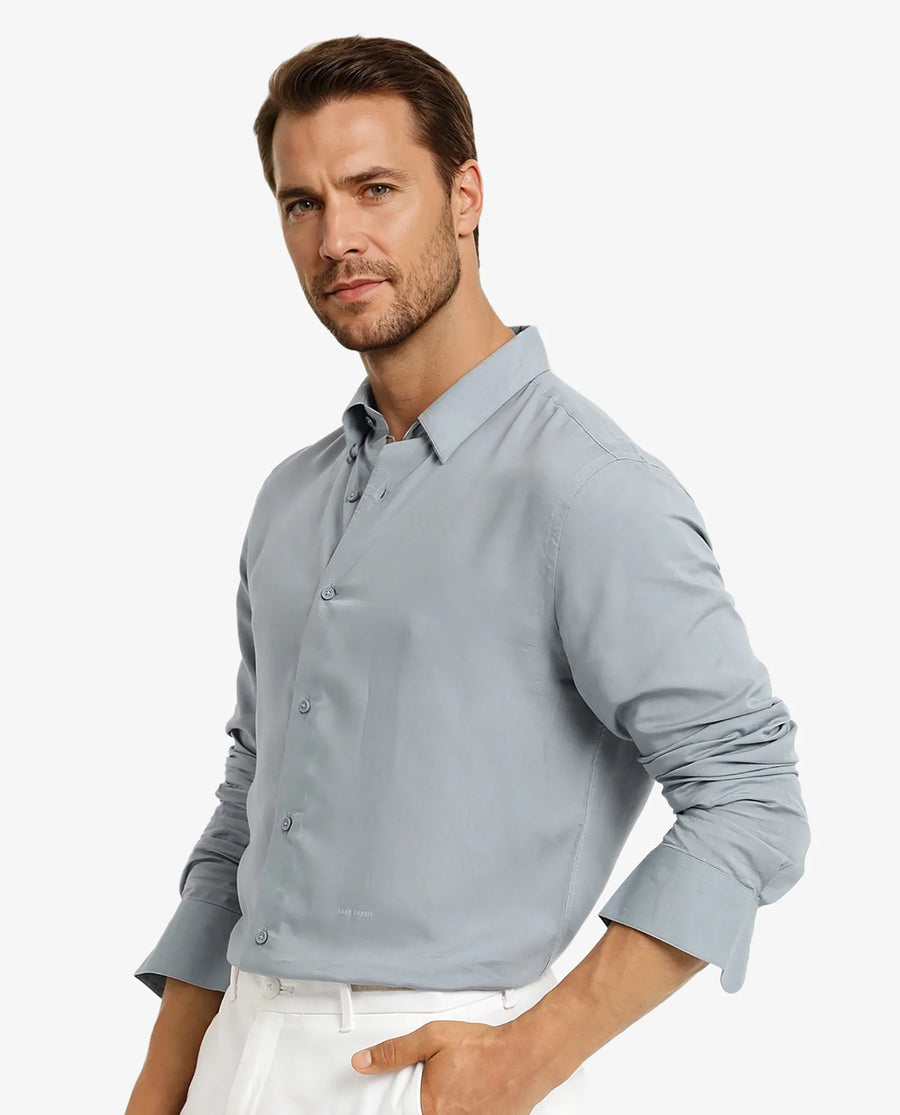 Rare Rabbit Men's Dub Dusky Blue Cotton Plain Regular Fit Full Sleeve Collared Shirt