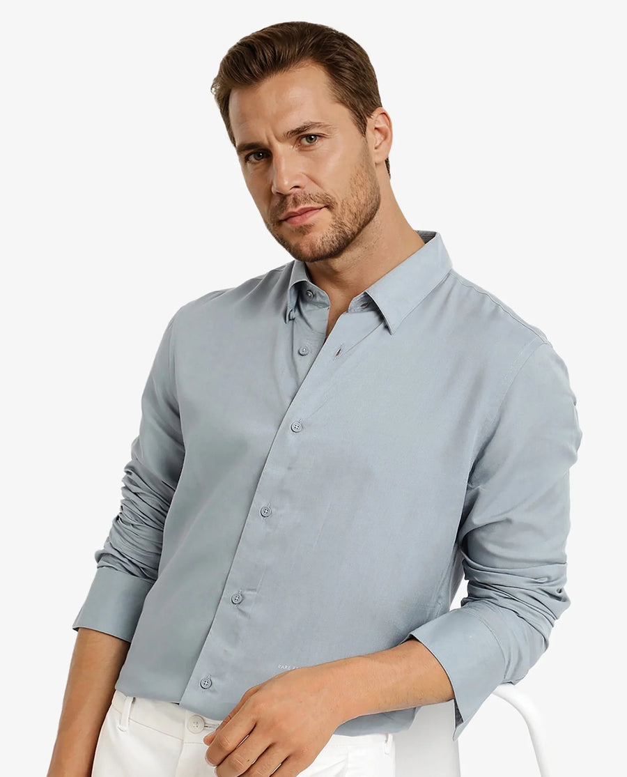 Rare Rabbit Men's Dub Dusky Blue Cotton Plain Regular Fit Full Sleeve Collared Shirt