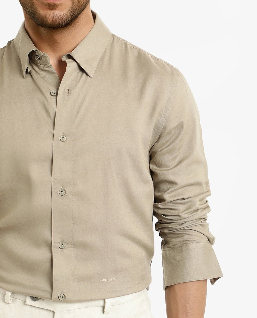 Rare Rabbit Men's Dub Dusky Olive Cotton Plain Regular Fit Full Sleeve Collared Shirt