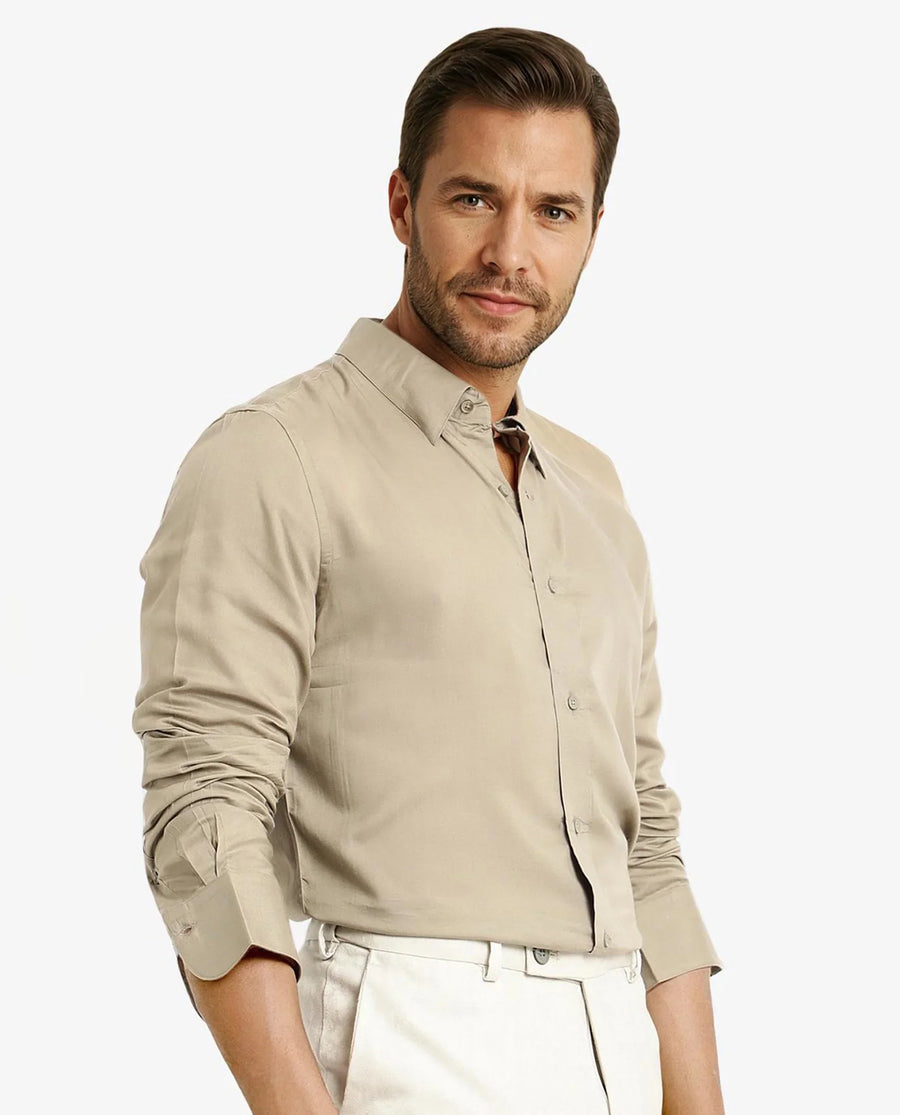 Rare Rabbit Men's Dub Dusky Olive Cotton Plain Regular Fit Full Sleeve Collared Shirt