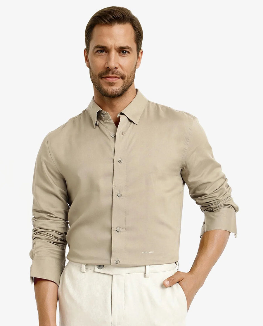 Rare Rabbit Men's Dub Dusky Olive Cotton Plain Regular Fit Full Sleeve Collared Shirt