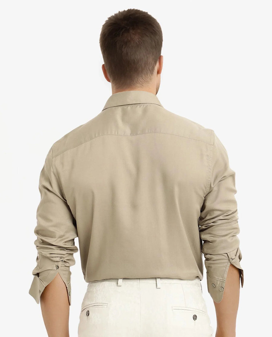 Rare Rabbit Men's Dub Dusky Olive Cotton Plain Regular Fit Full Sleeve Collared Shirt
