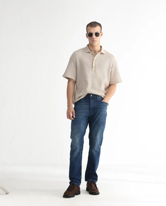 Rare Rabbit Men's Dunker Navy Cotton Plain Hawk Slim Fit Jeans