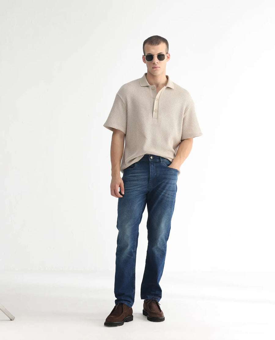 Rare Rabbit Men's Dunker Navy Cotton Plain Hawk Slim Fit Jeans