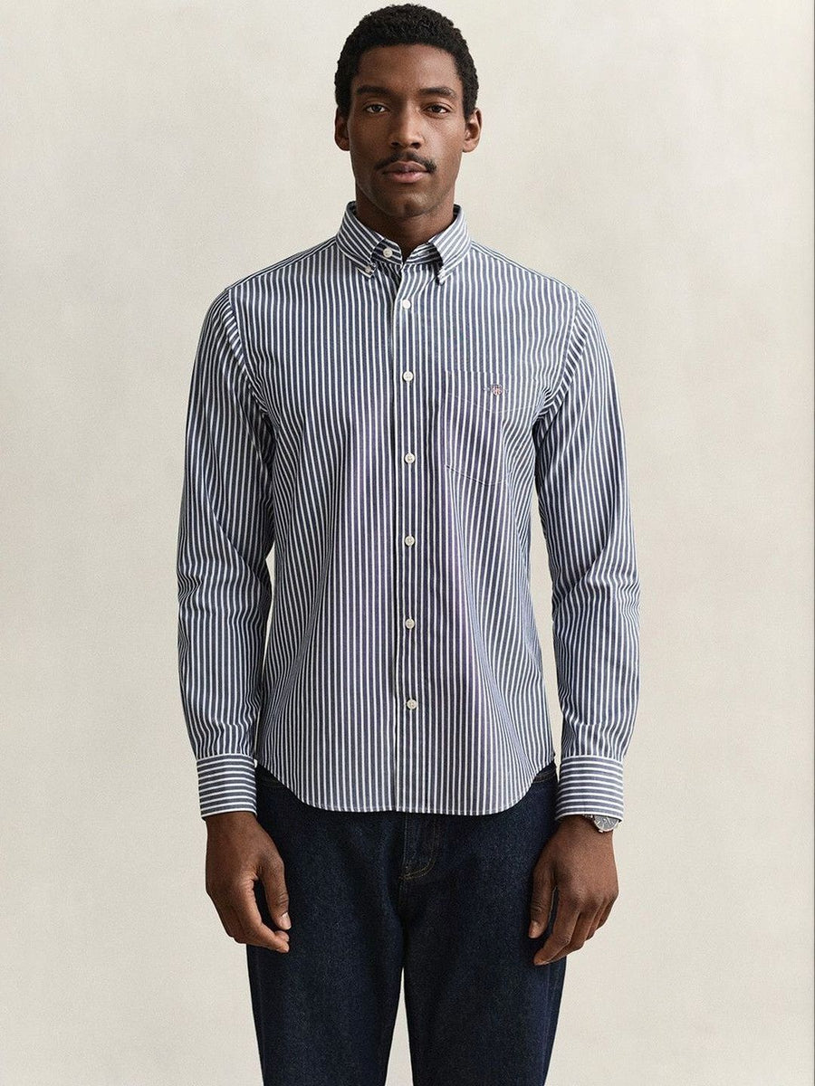 Gant Men Blue Striped Regular Fit Classic Poplin Shirt