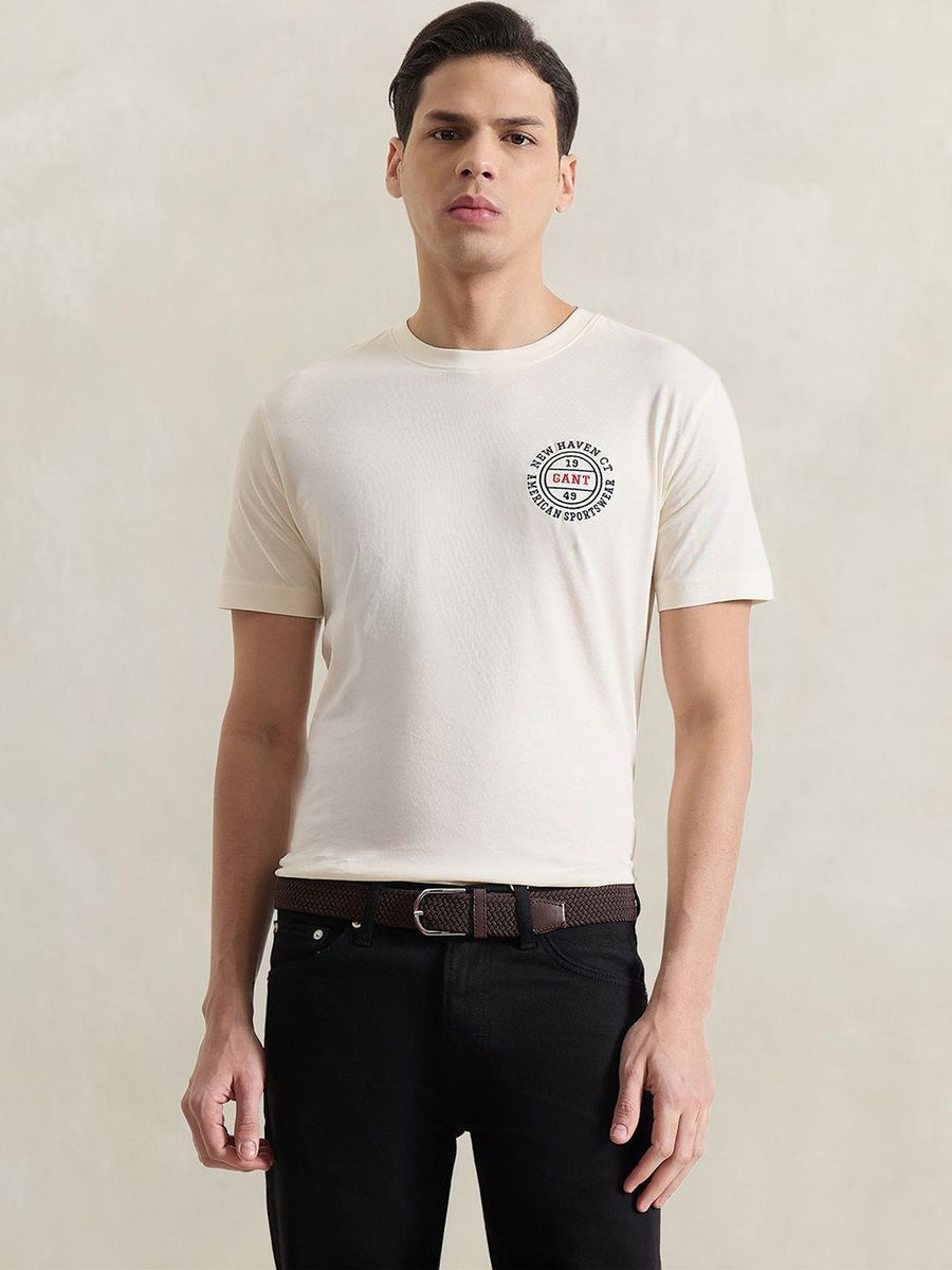 Gant Men Cream Solid Regular Fit Pure Cotton T-Shirt