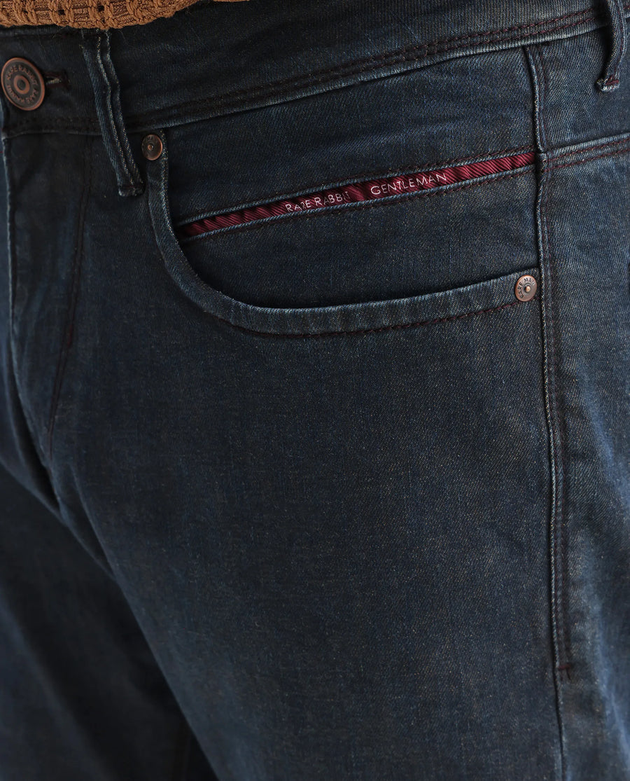 Rare Rabbit Men's Earth-2 Navy Cotton Plain Hawk Slim Fit Jeans