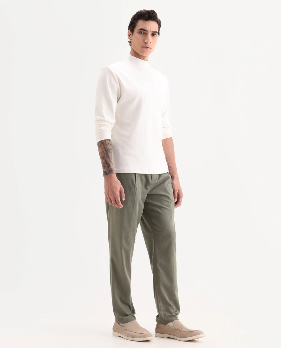 Rare Rabbit Men's Echo Light Olive Cotton Plain Regular Fit Trouser