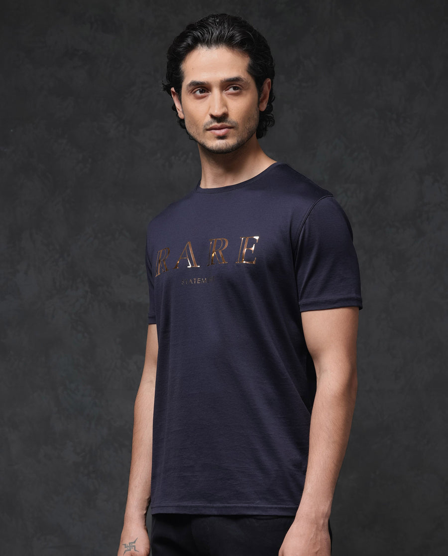 Rare Rabbit Men's Echon Navy Cotton Graphic Print Regular Fit Half Sleeve Crew Neck T-Shirt