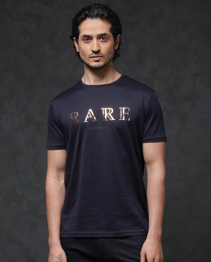 Rare Rabbit Men's Echon Navy Cotton Graphic Print Regular Fit Half Sleeve Crew Neck T-Shirt