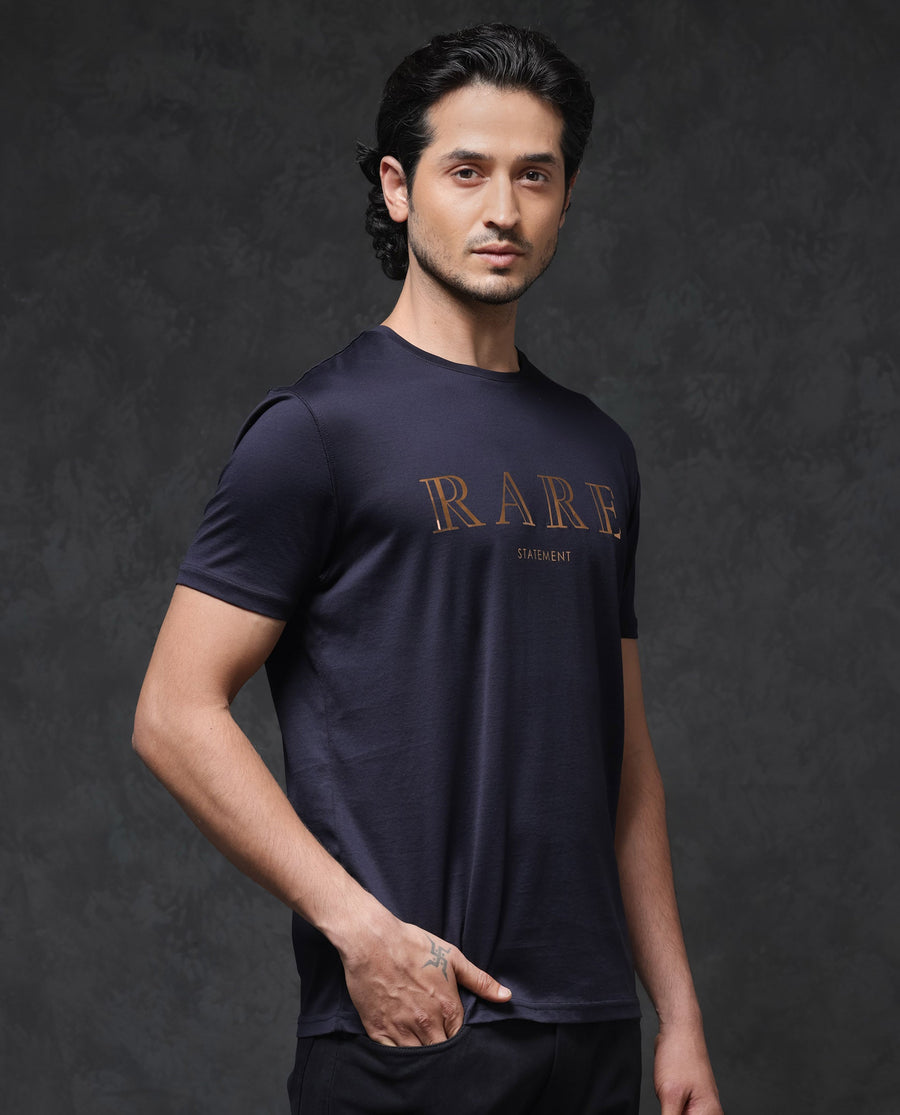 Rare Rabbit Men's Echon Navy Cotton Graphic Print Regular Fit Half Sleeve Crew Neck T-Shirt