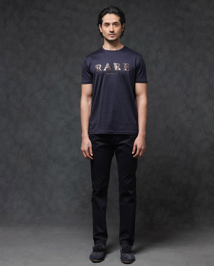 Rare Rabbit Men's Echon Navy Cotton Graphic Print Regular Fit Half Sleeve Crew Neck T-Shirt