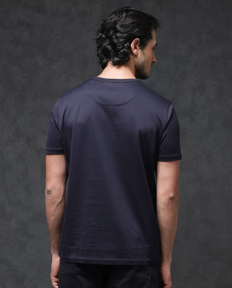 Rare Rabbit Men's Echon Navy Cotton Graphic Print Regular Fit Half Sleeve Crew Neck T-Shirt