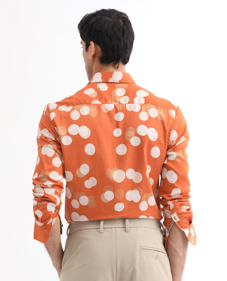 Rare Rabbit Men's Elde Rust Cotton Polka Print Regular Fit Full Sleeve Collared Shirt