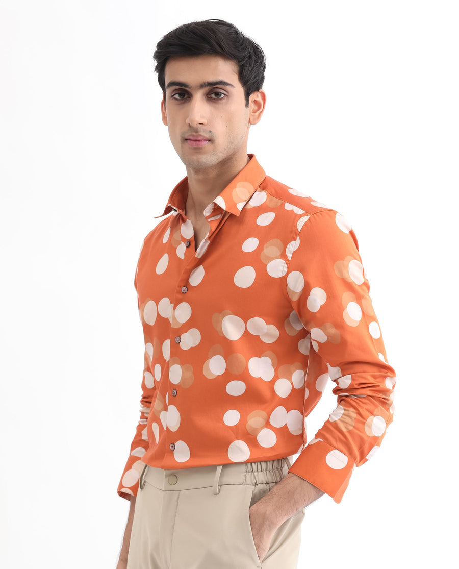 Rare Rabbit Men's Elde Rust Cotton Polka Print Regular Fit Full Sleeve Collared Shirt